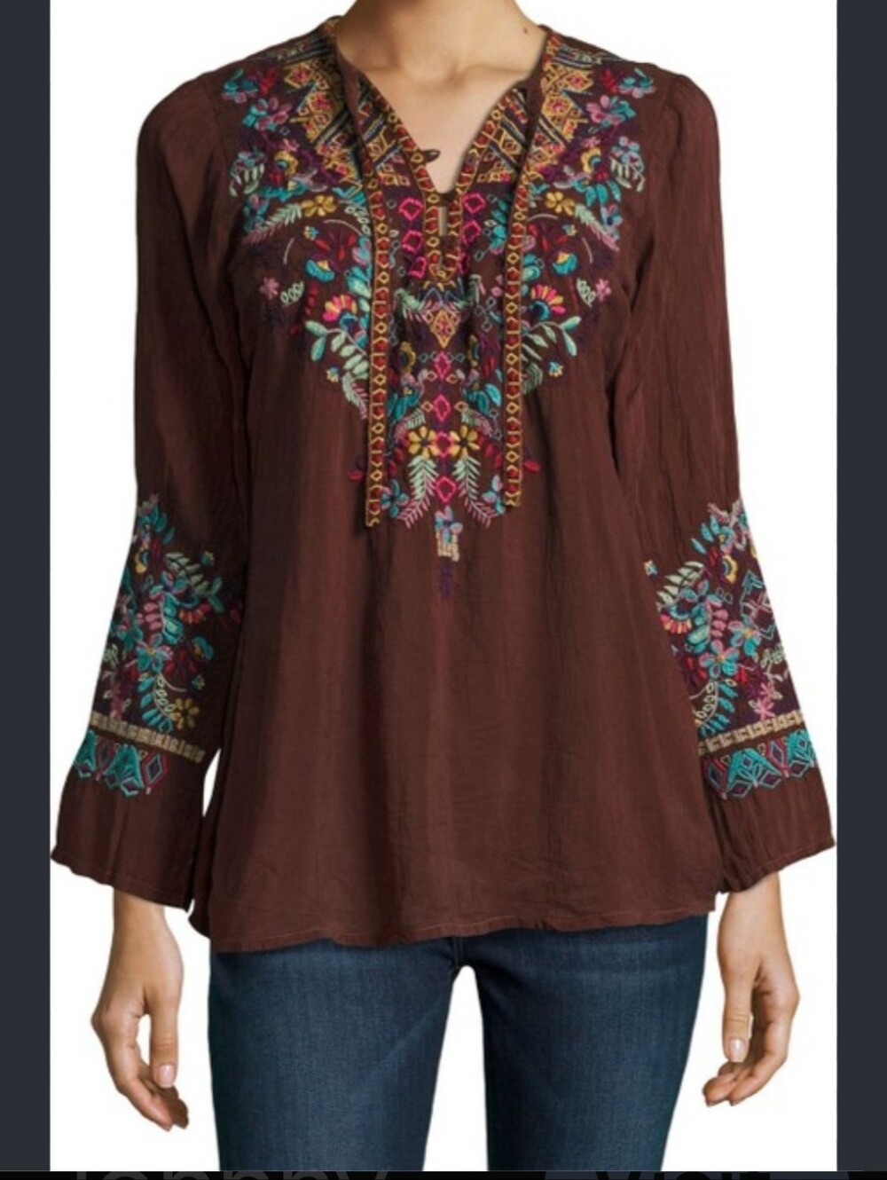 Johnny Was Brown Embroidered V-Neck Tunic with Multicolor Floral Stitching